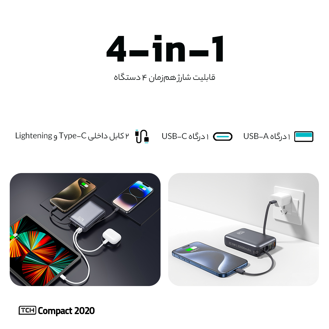 پاوربانک 22.5 وات تی سی اچ مدل Compact 2020 ظرفیت 20000 میلیآمپرساعت به همراه 2 عدد کابل USB-C / لایتنینگ - Image 4