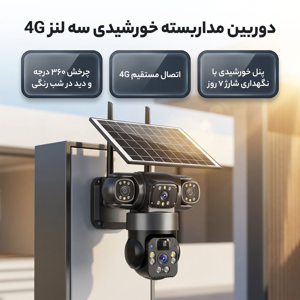 دوربین مداربسته تحت شبکه فضای باز خورشیدی سه لنز با اتصال 4G، چرخش 360 درجه، دید در شب رنگی، تشخیص حرکت، مکالمه دوطرفه، استاندارد IP66، شارژ با پنل خورشیدی و نگهداری شارژ تا 7 روز - Image 2