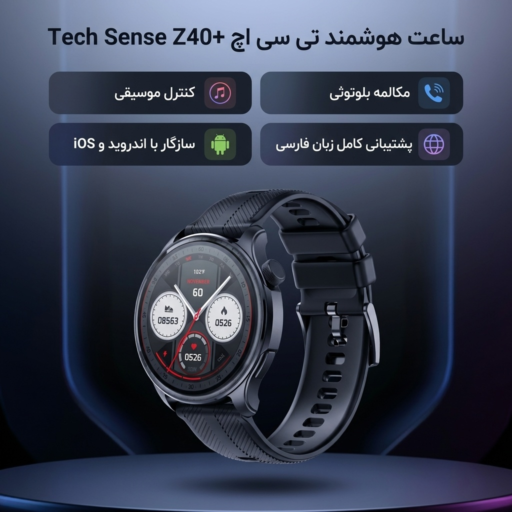 ساعت هوشمند تی سی اچ مدل TCH Z40+ Tech Sense دارای قابلیت های کنترل موسیقی (Music Player)، قابلیت مکالمه از طریق بلوتوث، پشتیبانی از زبان فارسی در منو و سیستمعامل، قابلیت تغییر طرح ساعت یا تم بند سیلیکون - Image 3