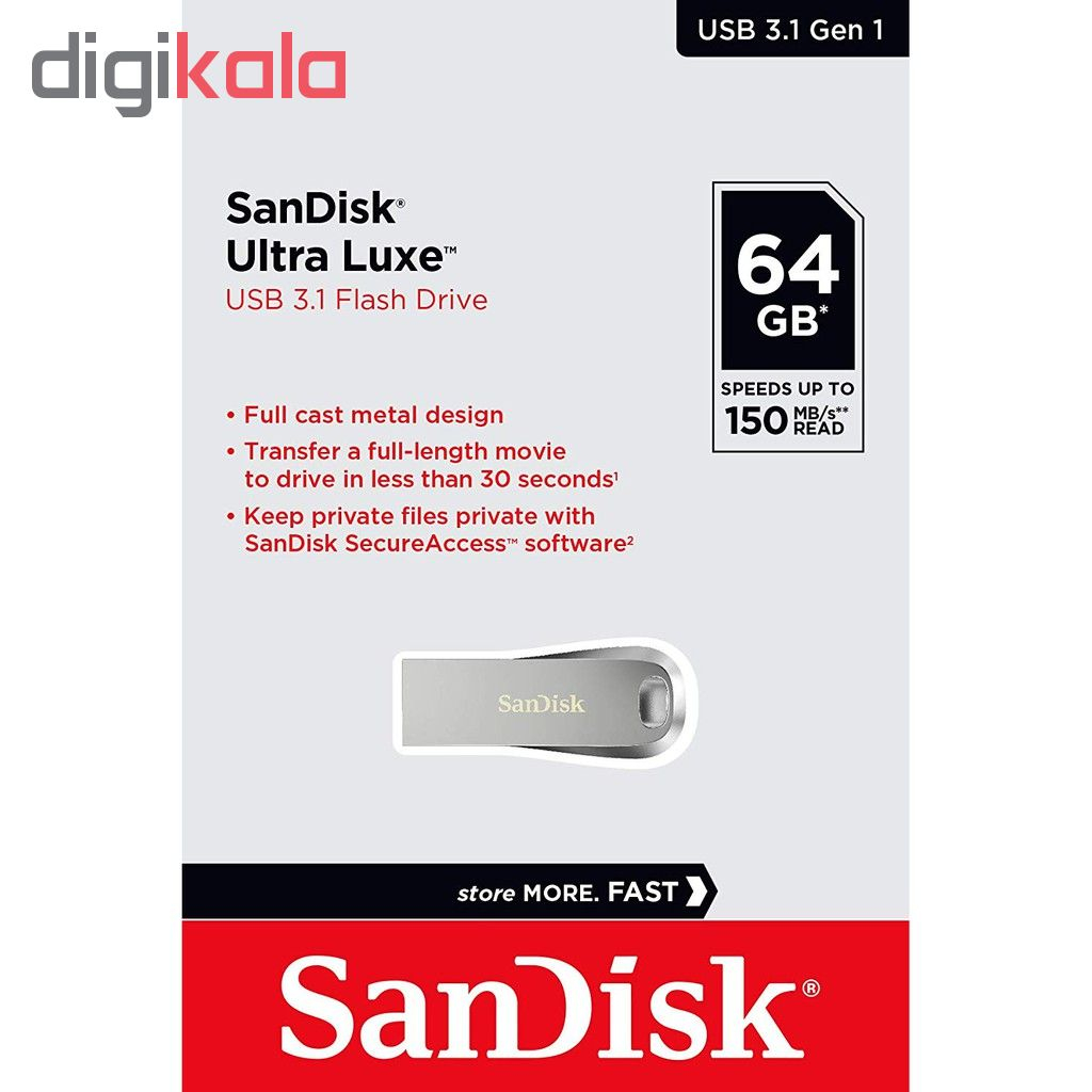 فلش مموری سن دیسک Ultra Luxe ظرفیت 64 گیگابایت با رابط USB 3.1 سرعت خواندن تا 150 مگابایت بر ثانیه، بدنه فلزی مقاوم، پشتیبانی از نرمافزار رمزگذاری اطلاعات - Image 5