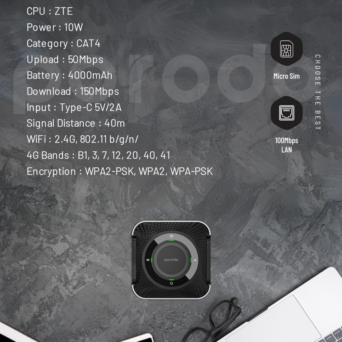 مودم روتر قابل حمل پرودو مدل PD-4GCPME-BKGY با پشتیبانی 4G LTE، باتری 4000 میلیآمپرساعتی با شارژدهی 12 ساعت، اتصال همزمان تا 10 دستگاه، پورت LAN و فرکانس 2.4 گیگاهرتز - Image 10