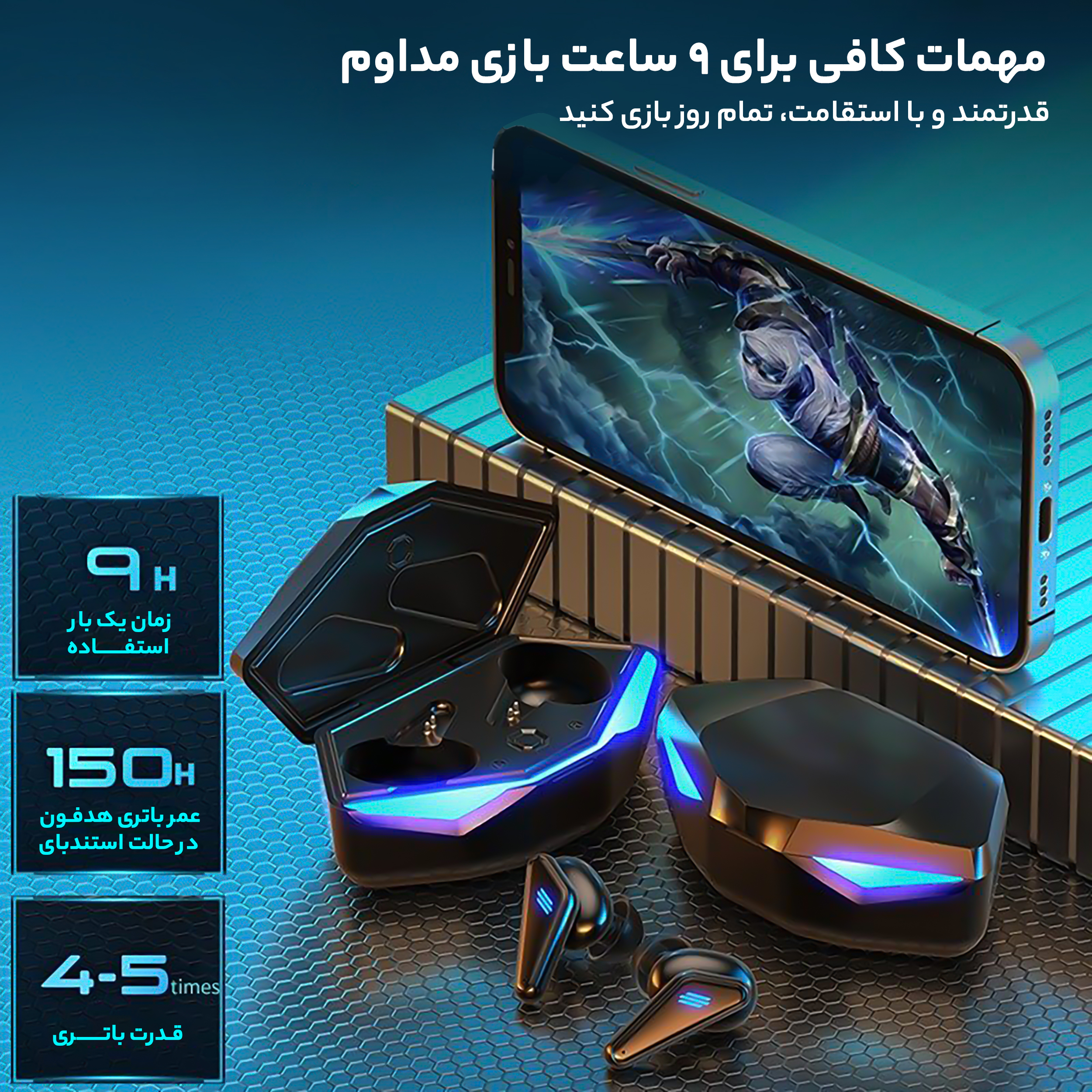 هدفون بلوتوثی مدل K55 با قابلیت حذف نویز (ANC)، درگاه شارژ USB Type-C، دارای کنترل لمسی روی گوشیها، حالت Gaming، مقاومت در برابر رطوبت و عرق - Image 7
