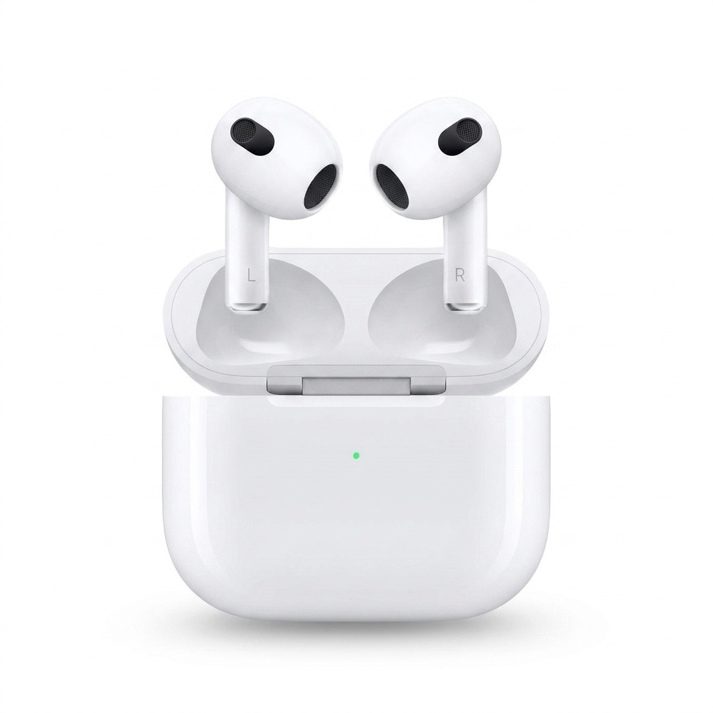 هدفون بلوتوثی اپل مدل AirPods 3 با نویز کنسلینگ میکروفون (ENC)، درگاه شارژ لایتنینگ، دارای سنسور تشخیص پوست و پشتیبانی از فرمان لمسی، مقاوم در برابر رطوبت و عرق