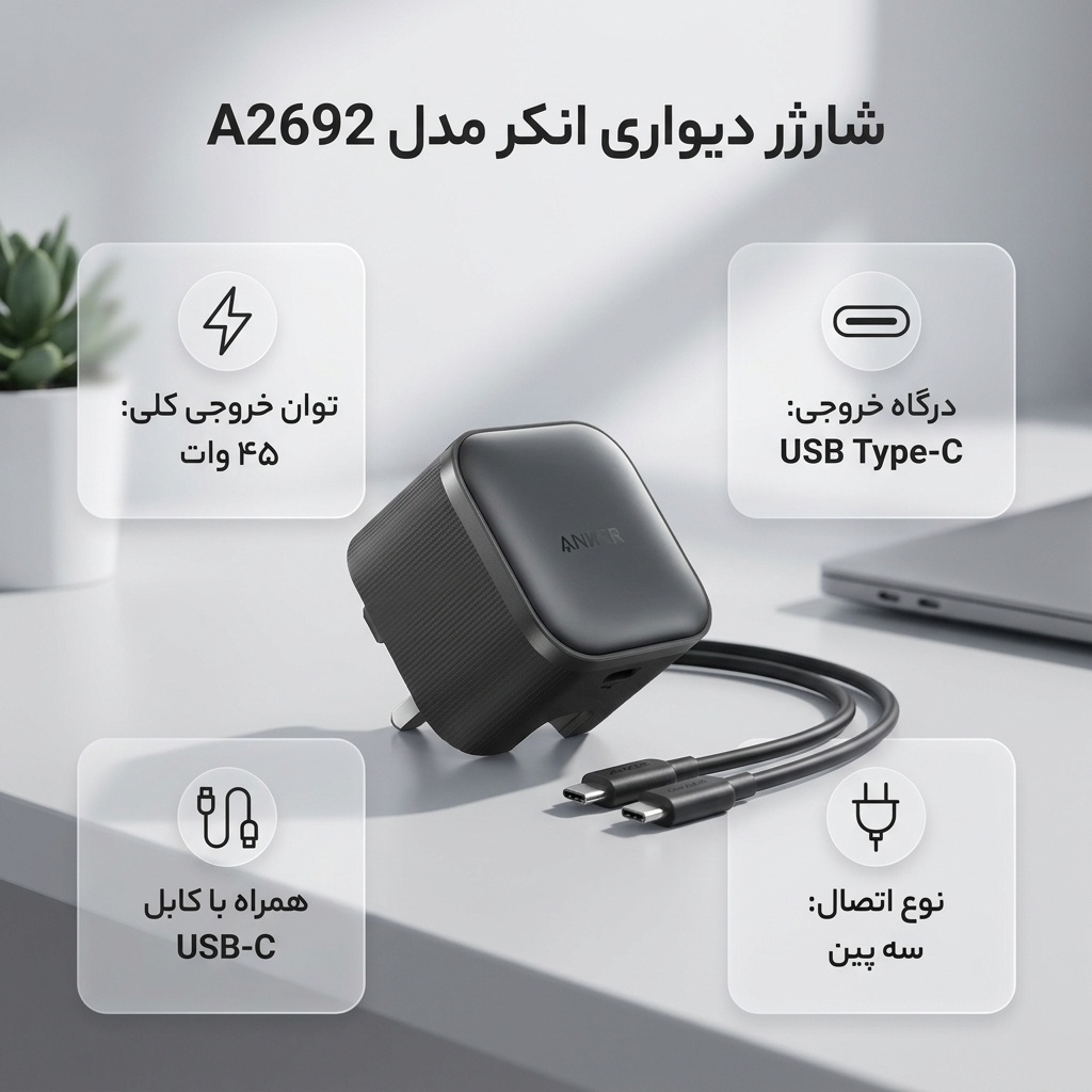 شارژر دیواری 45 وات انکر مدل A2692 به همراه کابل تبدیل USB-C - Image 2