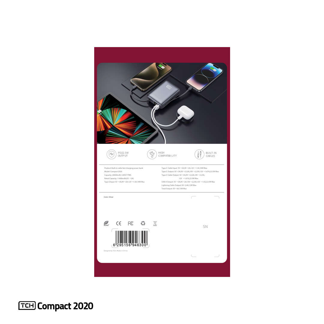 پاوربانک 22.5 وات تی سی اچ مدل Compact 2020 ظرفیت 20000 میلیآمپرساعت به همراه 2 عدد کابل USB-C / لایتنینگ - Image 7