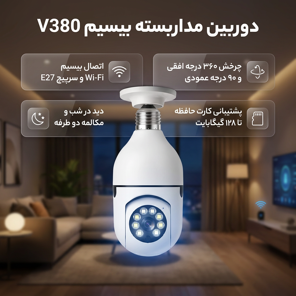 دوربین بیسیم مداربسته تحت شبکه مدل v380 با کیفیت Full HD 1080، لنز 2 مگاپیکسل، چرخش 360 درجه افقی و 90 درجه عمودی، دید در شب تا 20 متر، اتصال Wi-Fi، نصب روی دیوار و سقف، مناسب فضای باز و بسته - Image 3