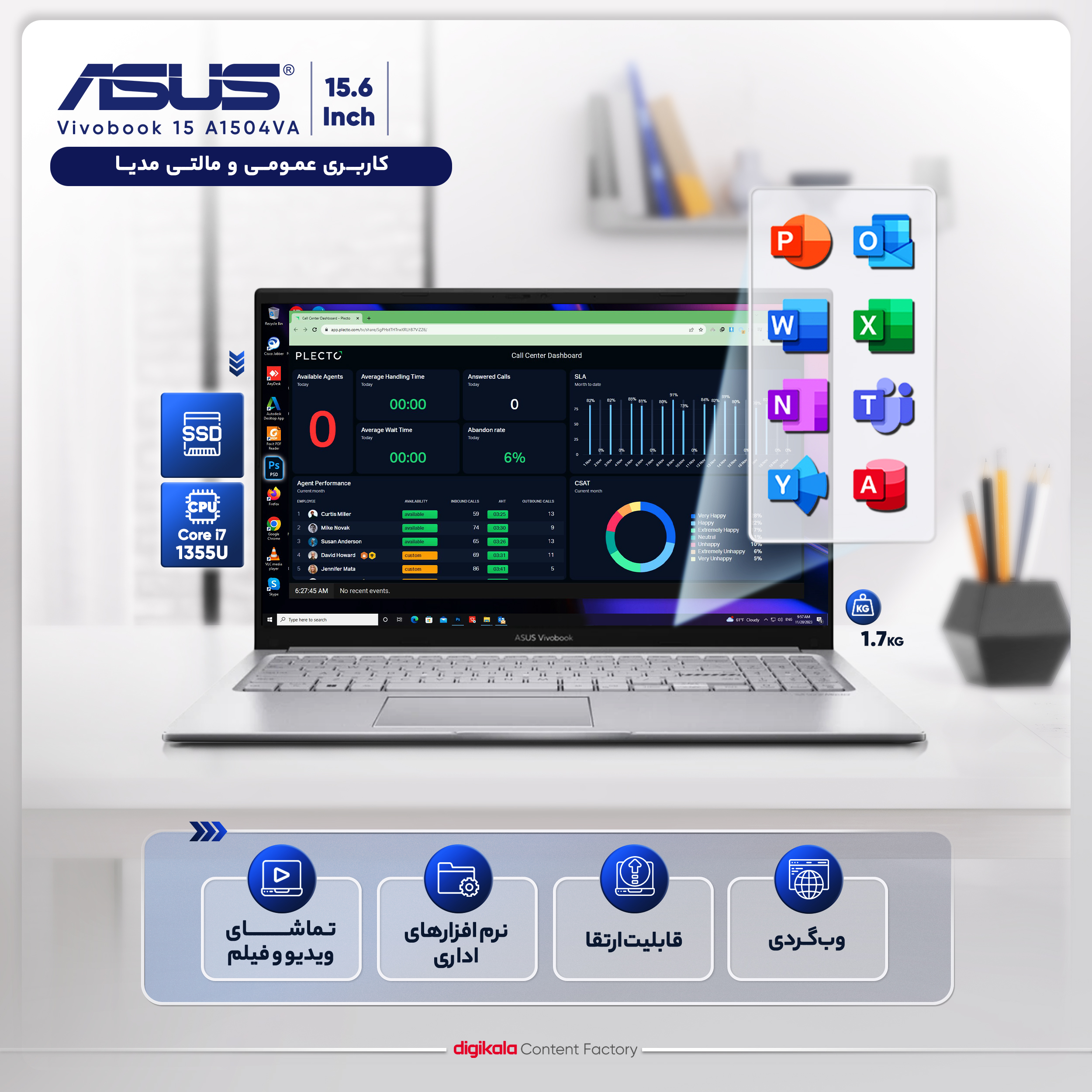 لپتاپ ایسوس مدل Vivobook 15 A1504VA-NJ539 با پردازنده Core i7-1355U، رم DDR4 16GB با فرکانس 3200MHz، حافظه SSD با ظرفیت 512GB، نمایشگر 15.6 اینچ IPS با وضوح Full HD - Image 6