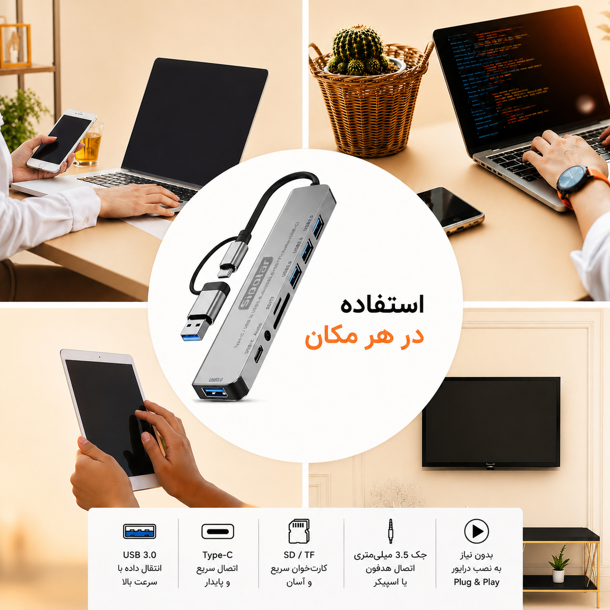 هاب 8 پورت USB/USB-C سیپولار مدل USB/Type-C to Audio - Image 9