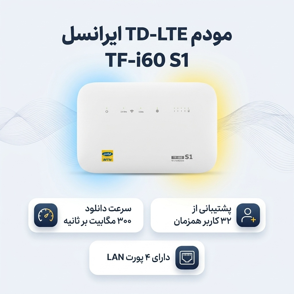 مودم 4G TD-LTE ایرانسل مدل TF-i60 S1 با سیم کارت و 300 گیگابایت اینترنت 6 ماهه، پشتیبانی همزمان 32 کاربر، 4 پورت LAN، چهار شبکه بیسیم مستقل، سرعت دانلود 300 مگابیت بر ثانیه و آنتن 5dBi - Image 3