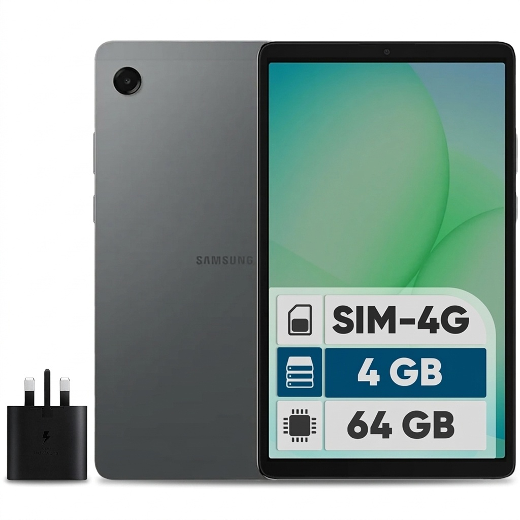 تبلت 8.7 اینچ سامسونگ مدل Galaxy Tab A11 4G، ظرفیت 64 گیگابایت و رم 4 گیگابایت، قابلیت پشتیبانی از سیم کارت، رزولوشن دوربین 8 مگاپیکسل، به همراه شارژر دیواری 25 وات سامسونگ مدل EP-TA800