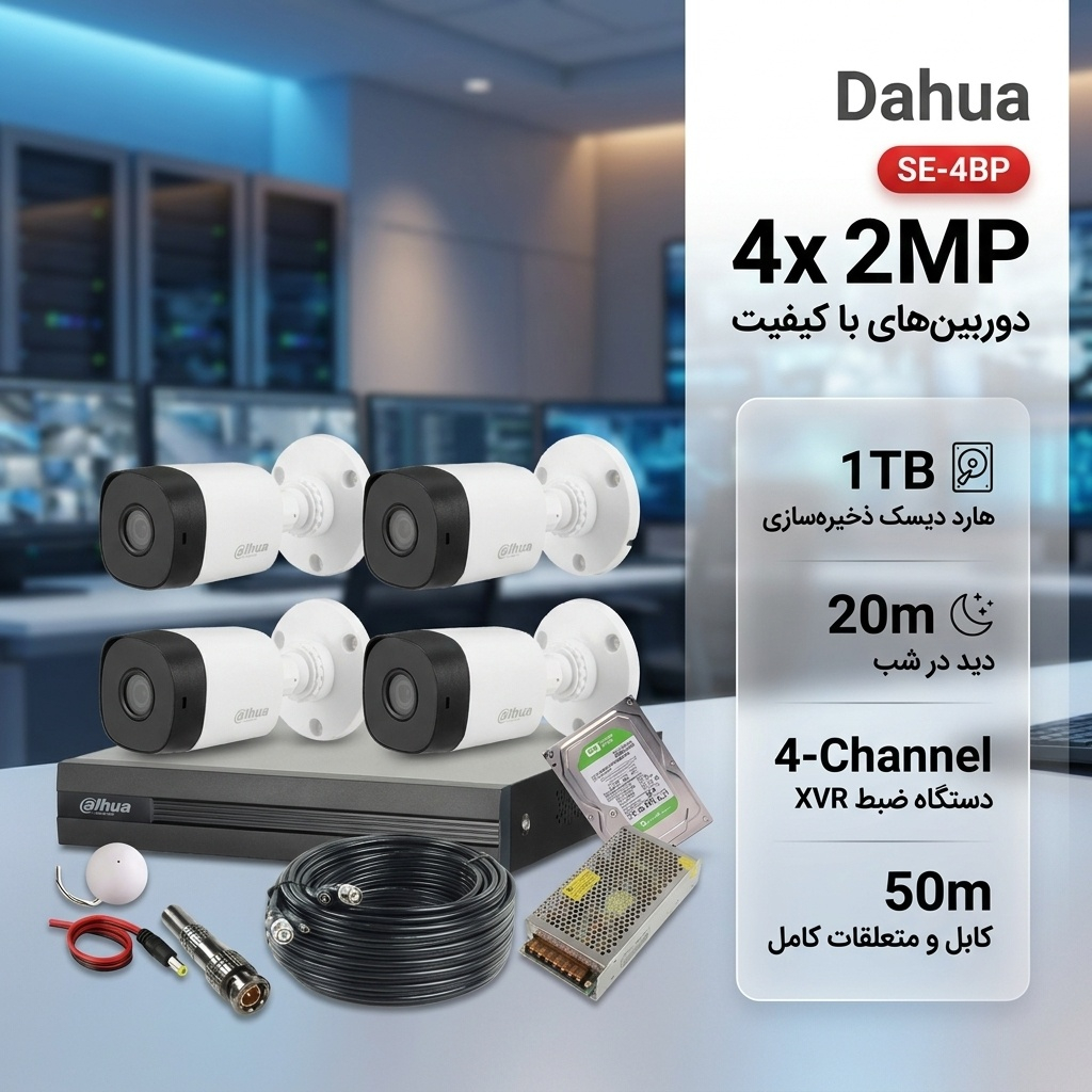 پکیج دوربین مداربسته بولت داهوا مدل SE-4BP شامل 4 دوربین 2 مگاپیکسل HAC-B1A21P با دید در شب 20 متر، دستگاه ضبط 4 کانال XVR-1B04 با پشتیبانی از TVI، CVI، AHD و IP، هارد 1 ترابایت، برد صدا، پاور 12 ولت 10 آمپر و کابل 50 متر - Image 2