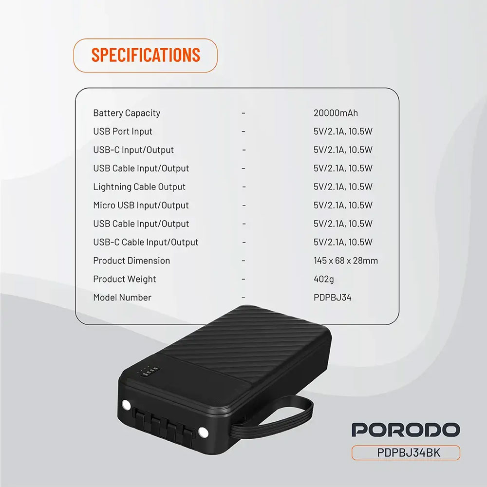 پاوربانک 10.5 وات پرودو مدل Piano PDPBJ34BK ظرفیت 20000 میلیآمپرساعت - Image 3