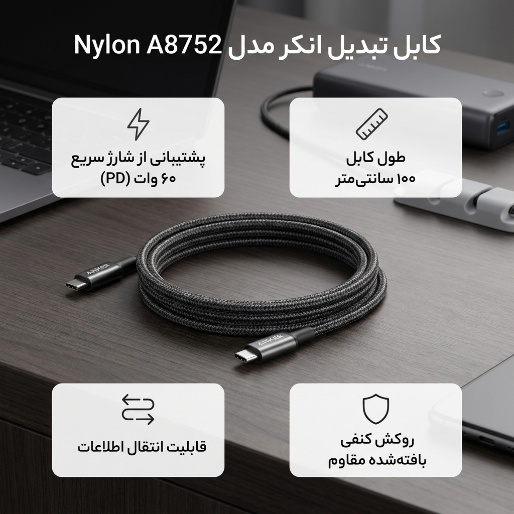 کابل تبدیل USB-C به USB-C انکر مدل Nylon A8752 طول یک متر - Image 2