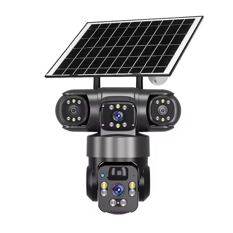 دوربین مداربسته تحت شبکه فضای باز خورشیدی سه لنز با اتصال 4G، چرخش 360 درجه، دید در شب رنگی، تشخیص حرکت، مکالمه دوطرفه، استاندارد IP66، شارژ با پنل خورشیدی و نگهداری شارژ تا 7 روز