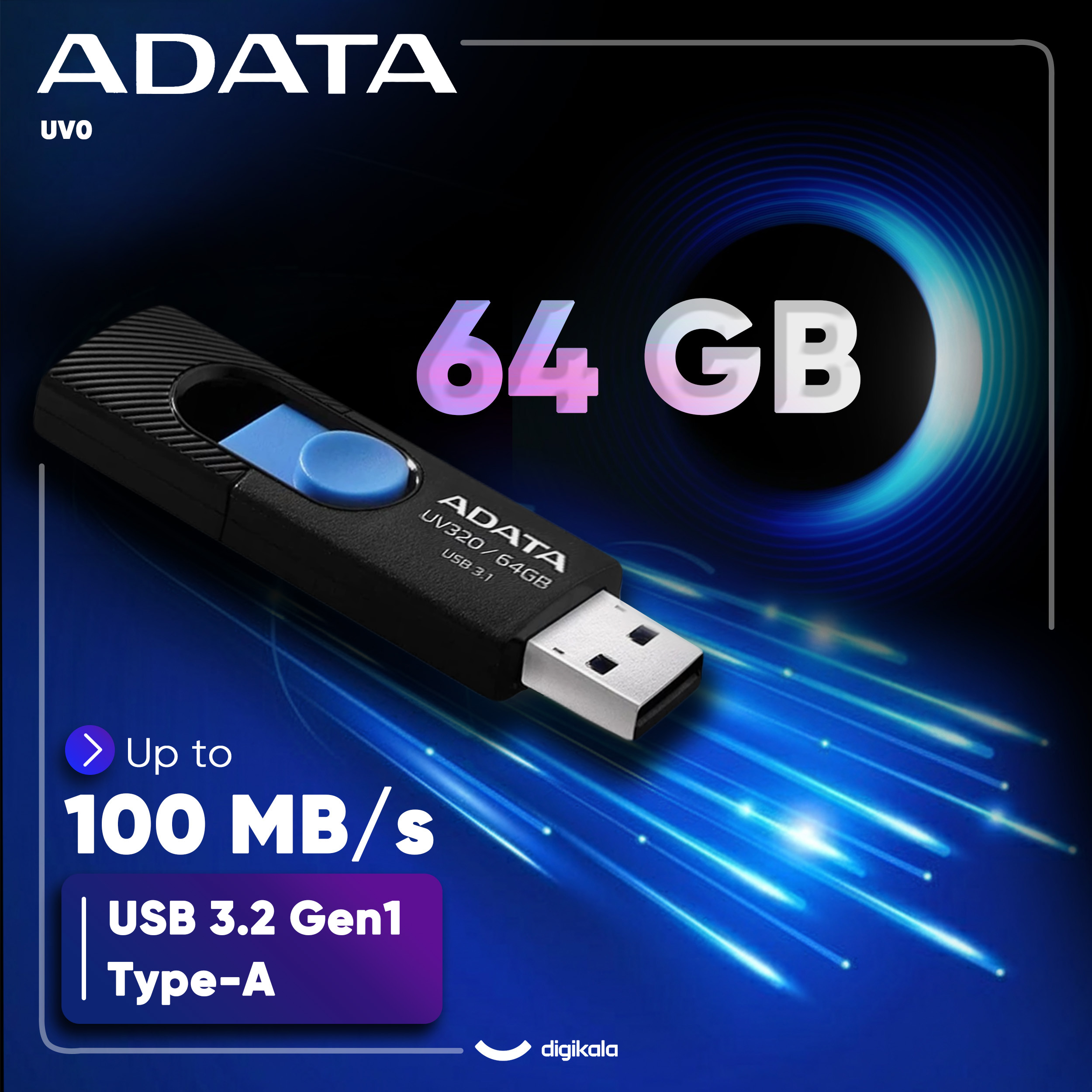 فلشمموری کشویی ای دیتا مدل UV320 ظرفیت 64 گیگابایت با رابط USB 3.2 Gen1 سرعت انتقال تا 10 گیگابیت بر ثانیه و سازگار با ویندوز، مک، لینوکس، گوشی و تلویزیون - Image 3
