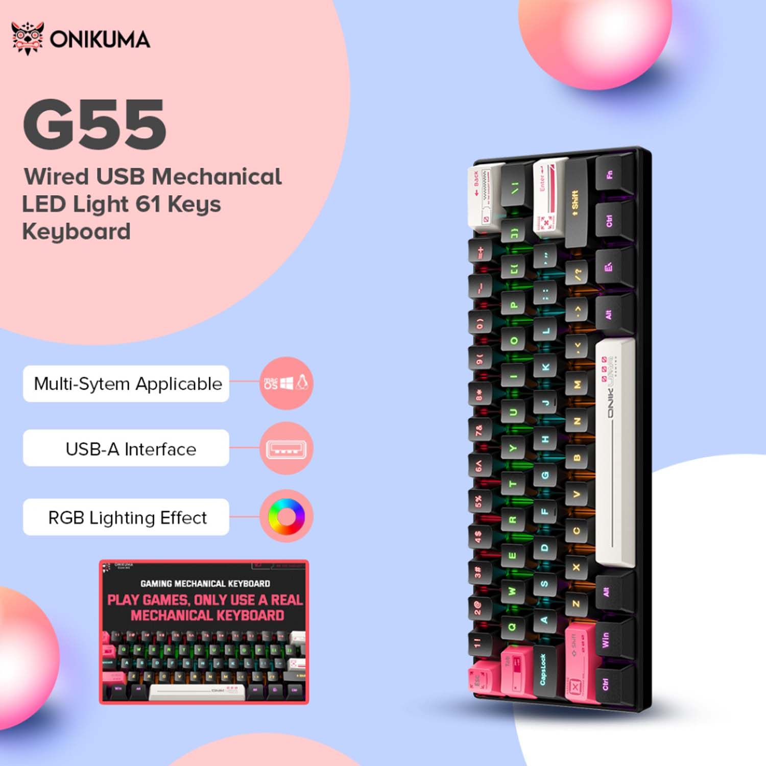 کیبورد گیمینگ اونیکوما مدل G55 RGB، مکانیکال سوییچ قهوهای، Tenkeyless، نورپردازی RGB - Image 16