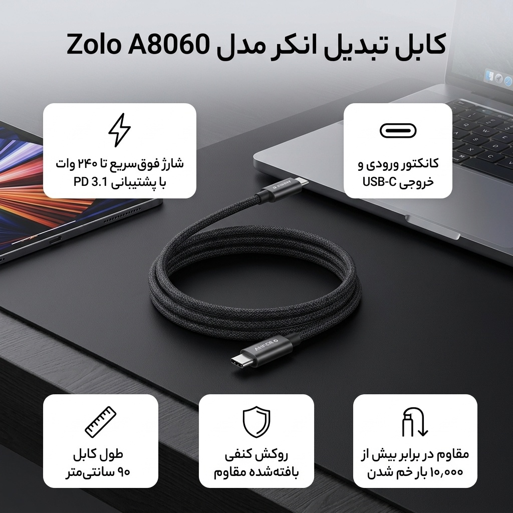 کابل تبدیل USB-C به USB-C انکر مدل Zolo A8060 طول 0.9 متر با توان 240 وات - Image 2