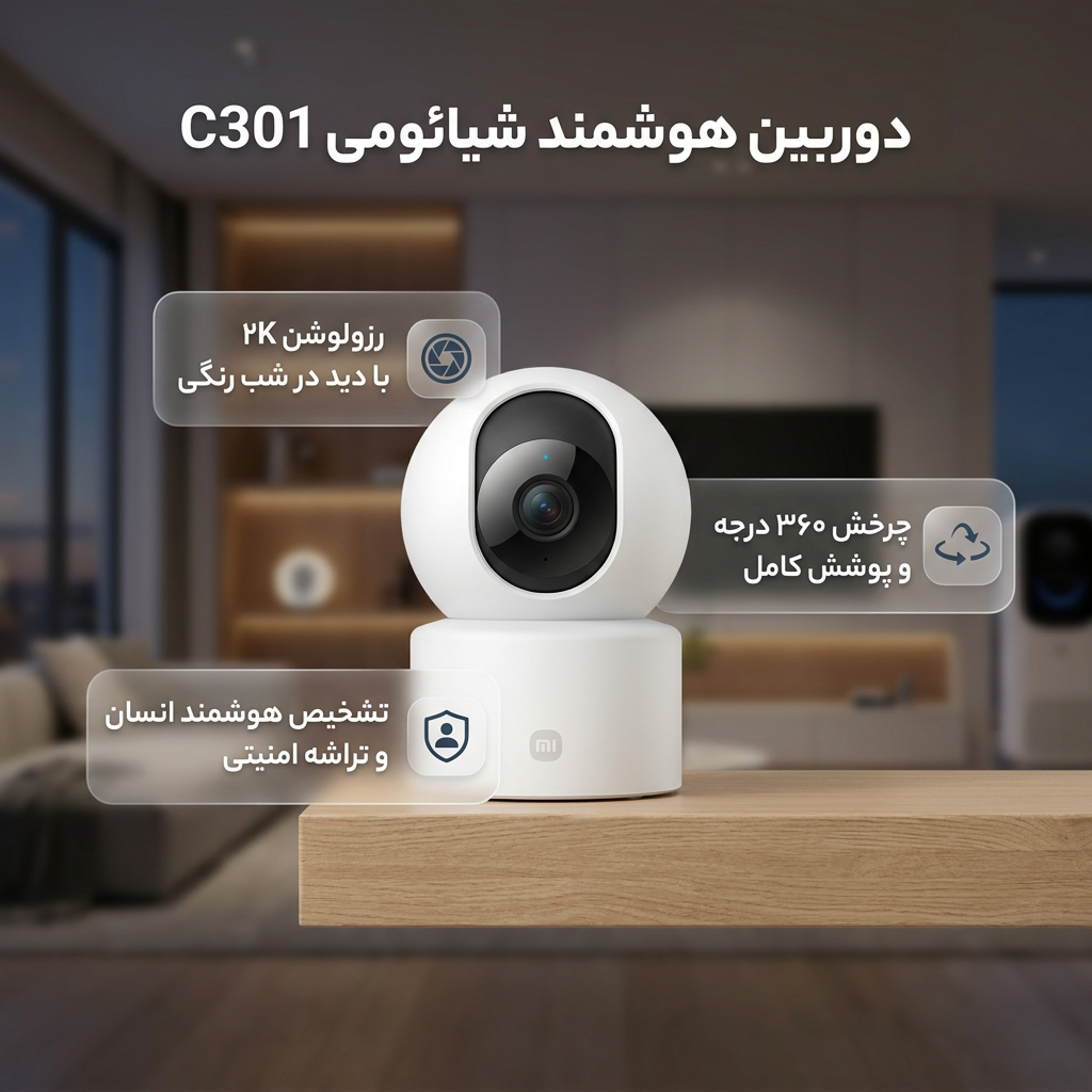 دوربین مداربسته بیسیم شیائومی مدل C301 با رزولوشن 3 مگاپیکسل، چرخش 360 درجه افقی و 107 درجه عمودی، دید در شب رنگی، تشخیص انسان مبتنی بر هوش مصنوعی، صدای دوطرفه و تراشه امنیتی MJA1 - Image 2