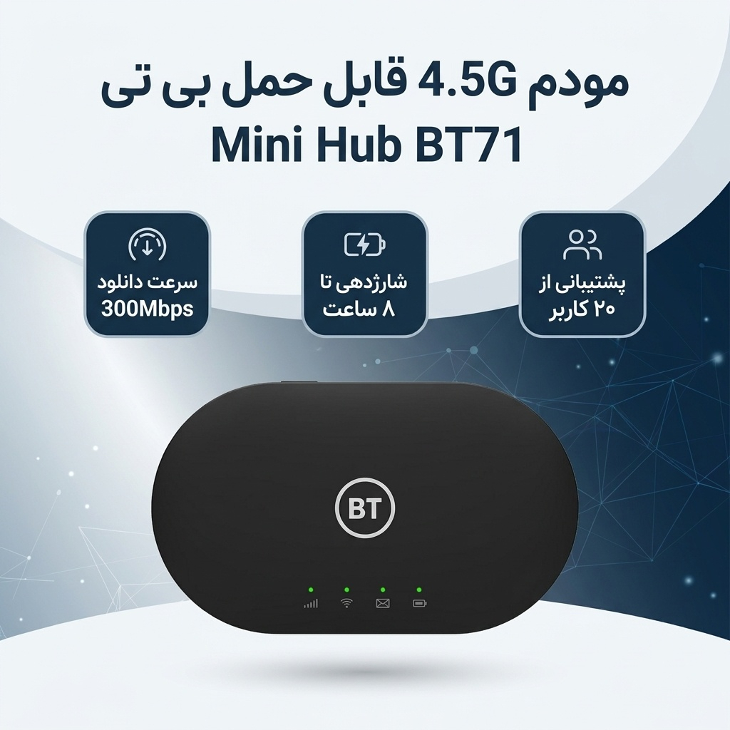 مودم 4.5G قابل حمل بی تی مدل Mini Hub BT71 با سرعت دانلود 300Mbps و آپلود 100Mbps، پشتیبانی تا 20 کاربر، باتری با شارژدهی 8 ساعت، دو باند 2.4GHz و 5GHz با استاندارد AC و پشتیبانی از SMS - Image 3