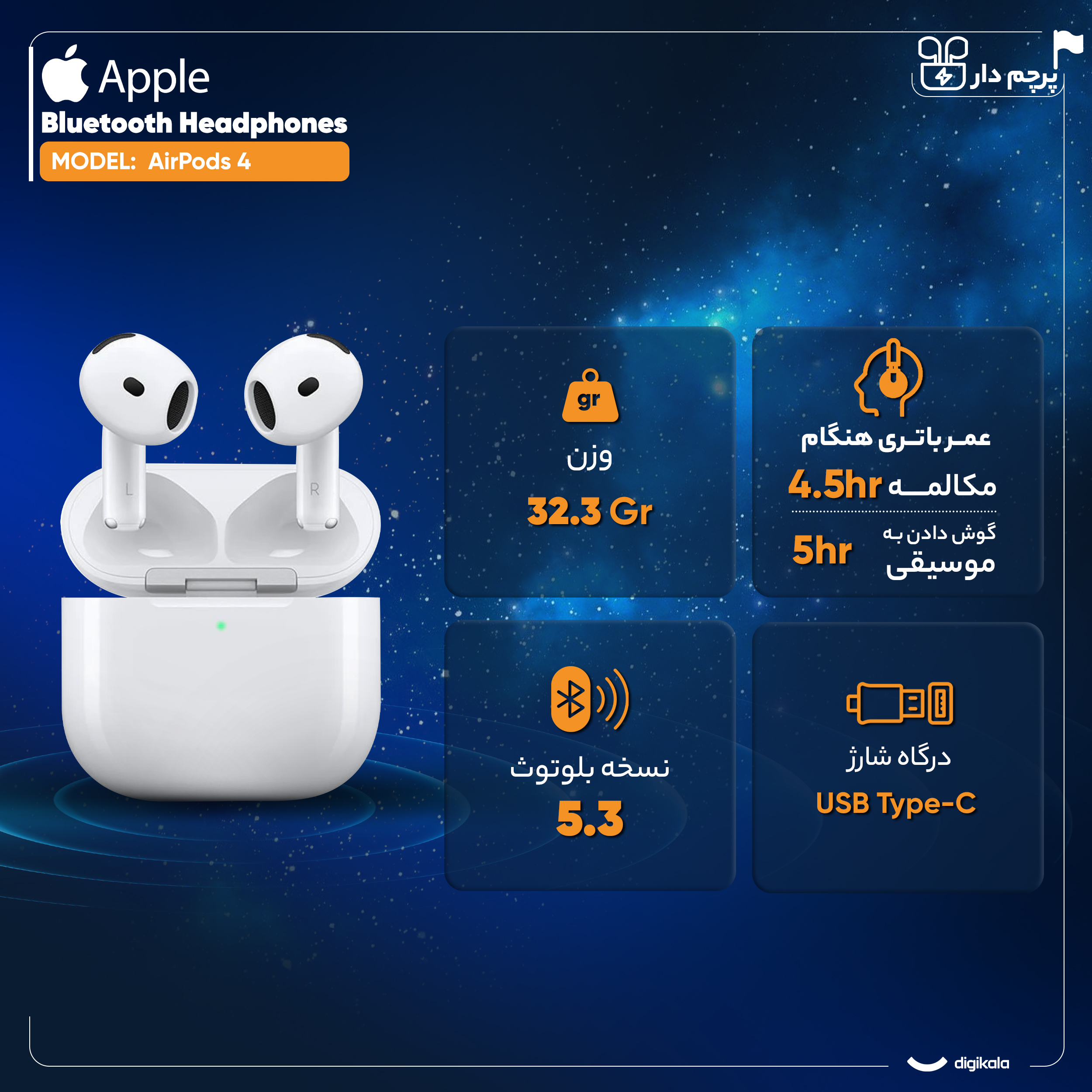 هدفون بلوتوثی اپل مدل AirPods 4 فاقد قابلیت نویز کنسلینگ، درگاه شارژ USB Type-C، شارژ بی سیم، با قابلیت اتصال به چند دستگاه، پشتیبانی از فرمان لمسی، نشانگر LED، پشتیبانی از دستیار صوتی، مقاوم در برابر آب - Image 12