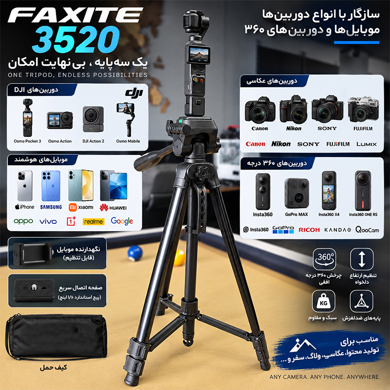 سه پایه دوربین فکسیت مدل 3520 با حداکثر ارتفاع 140 سانتی متر - Image 3