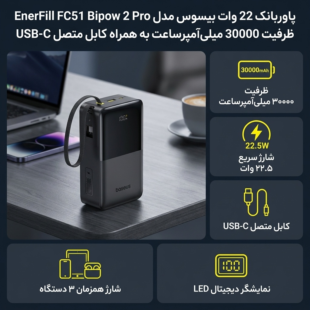 پاوربانک 22 وات بیسوس مدل EnerFill FC51 Bipow 2 Pro ظرفیت 30000 میلیآمپرساعت به همراه کابل متصل USB-C - Image 2