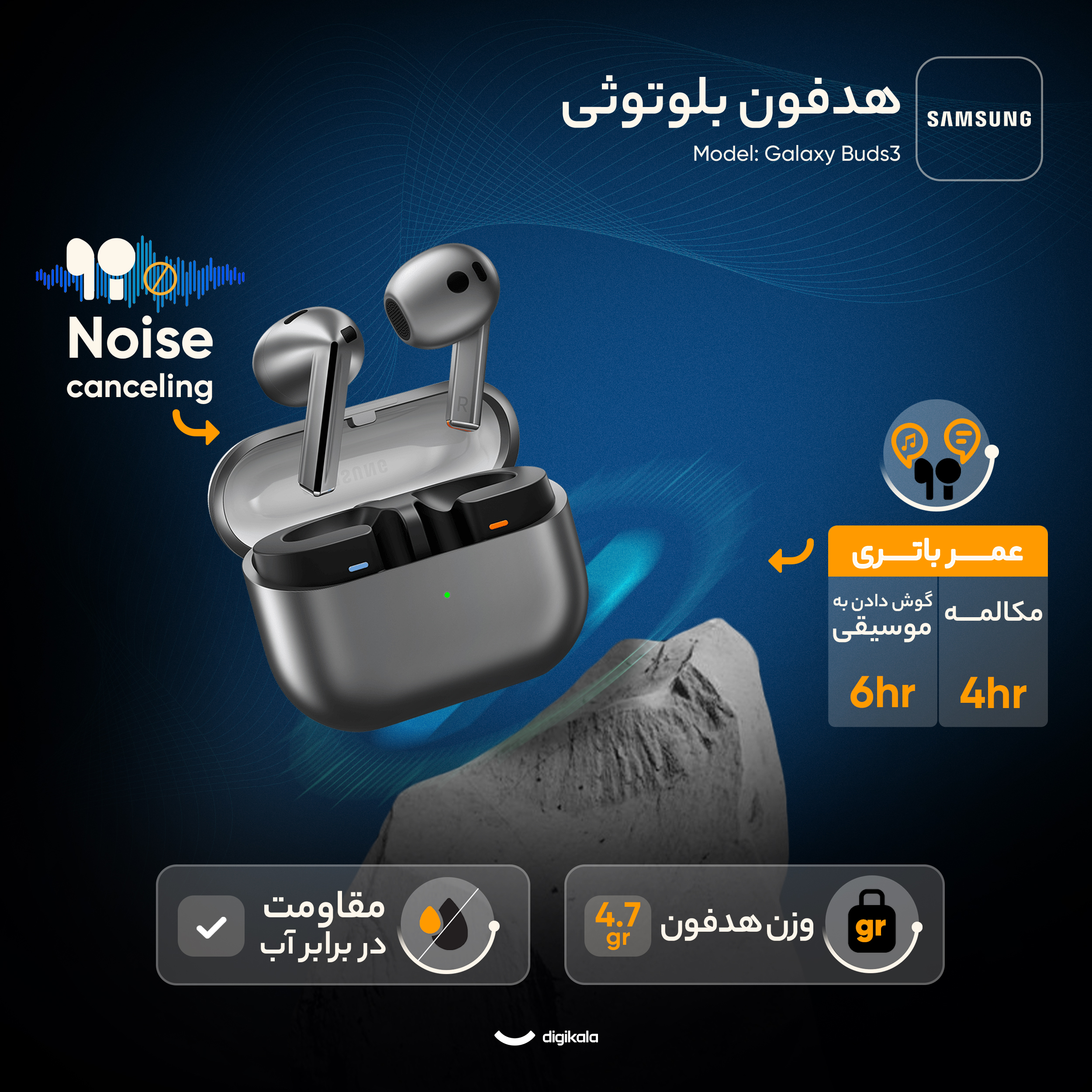 هدفون بلوتوثی سامسونگ مدل Galaxy Buds3 با نویز کنسلینگ فعال (ANC)، نویز کنسلینگ میکروفون (ENC)، درگاه شارژ USB Type-C، با قابلیت اتصال به چند دستگاه، دارای قابلیت صدای 360 درجه، Galaxy AI، میکروفون سه گانه، پشتیبانی از فرمان لمسی، ضد آب و گرد و غبار - Image 14