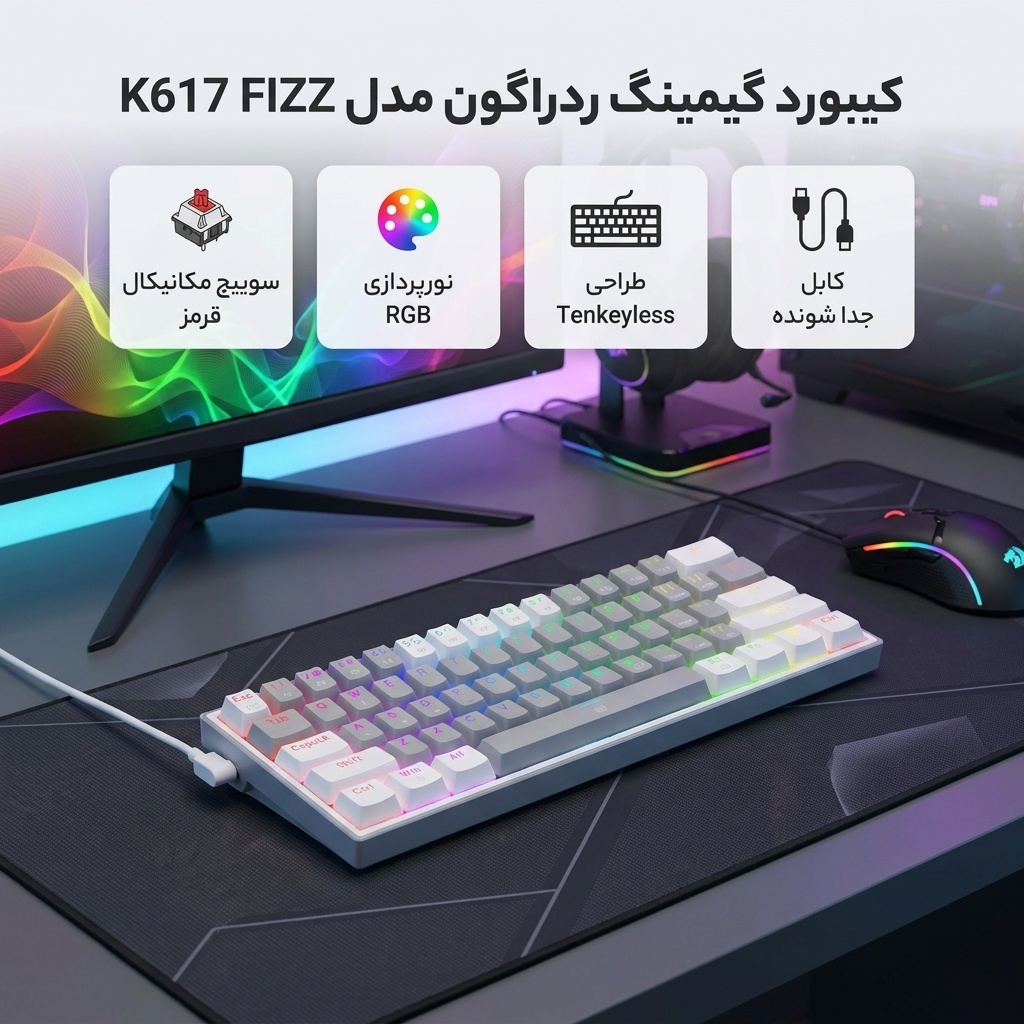کیبورد گیمینگ ردراگون مدل K617 FIZZ، سوییچ مکانیکال قرمز، Tenkeyless، نورپردازی RGB - Image 3