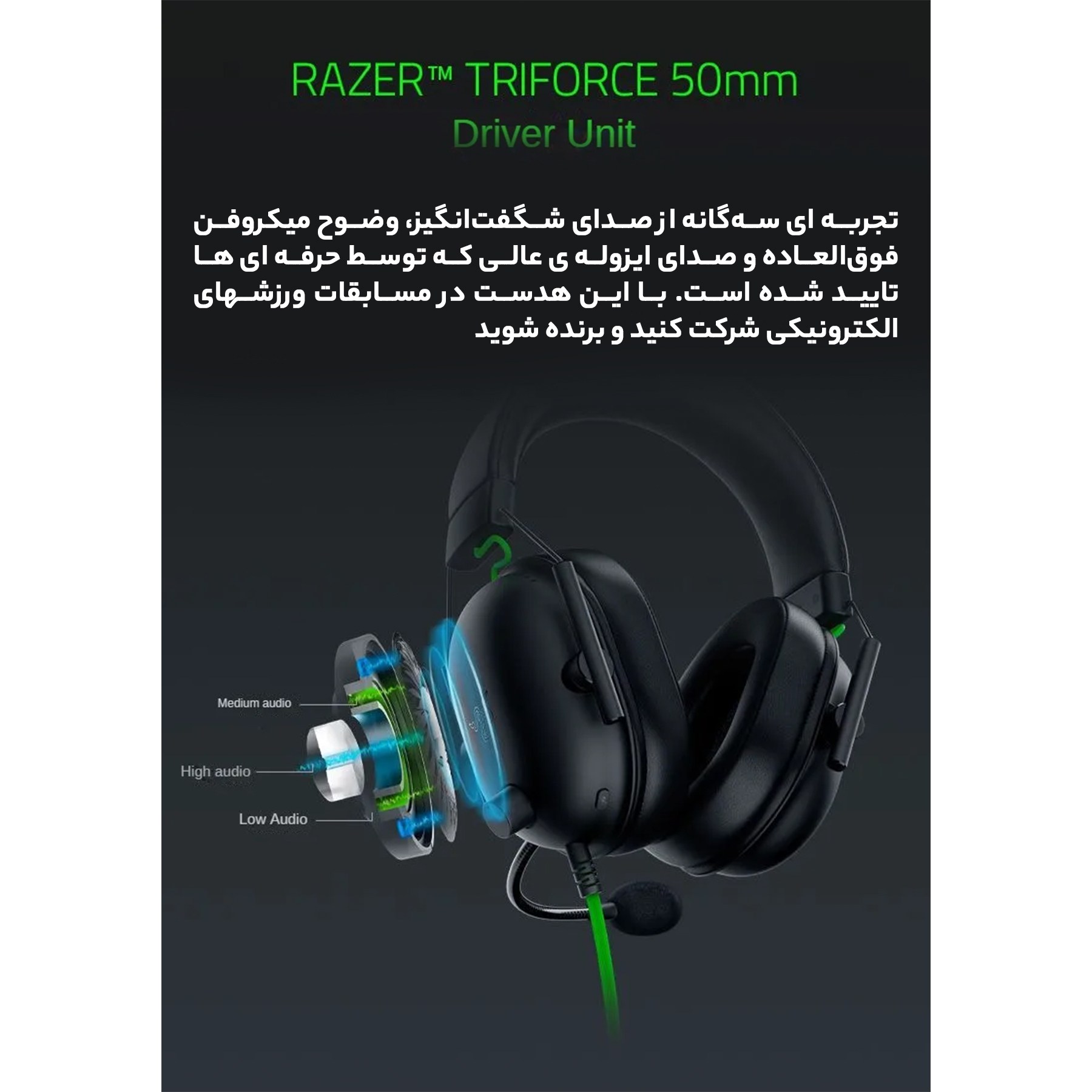 هدست گیمینگ ریزر مدل BlackShark V2 X با نویز کنسلینگ بدنه و نویز کنسلینگ میکروفون (ENC)، اتصال از طریق جک 3.5 میلیمتری، دارای صدای فراگیر 7.1 کاناله، دارای تکنولوژی صدای 360 درجه - Image 19