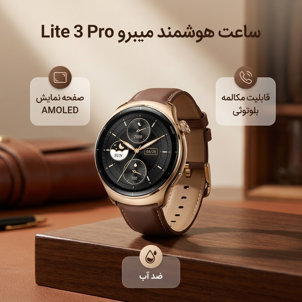 ساعت هوشمند میبرو مدل Lite 3 Pro بند چرمی، ضد آب، صفحه نمایش AMOLED، روشنایی 1000 نیتی، دارای قابلیت صفحه همیشه روشن، سنسور اکسیژن خون، سنسور ضربان قلب - Image 3