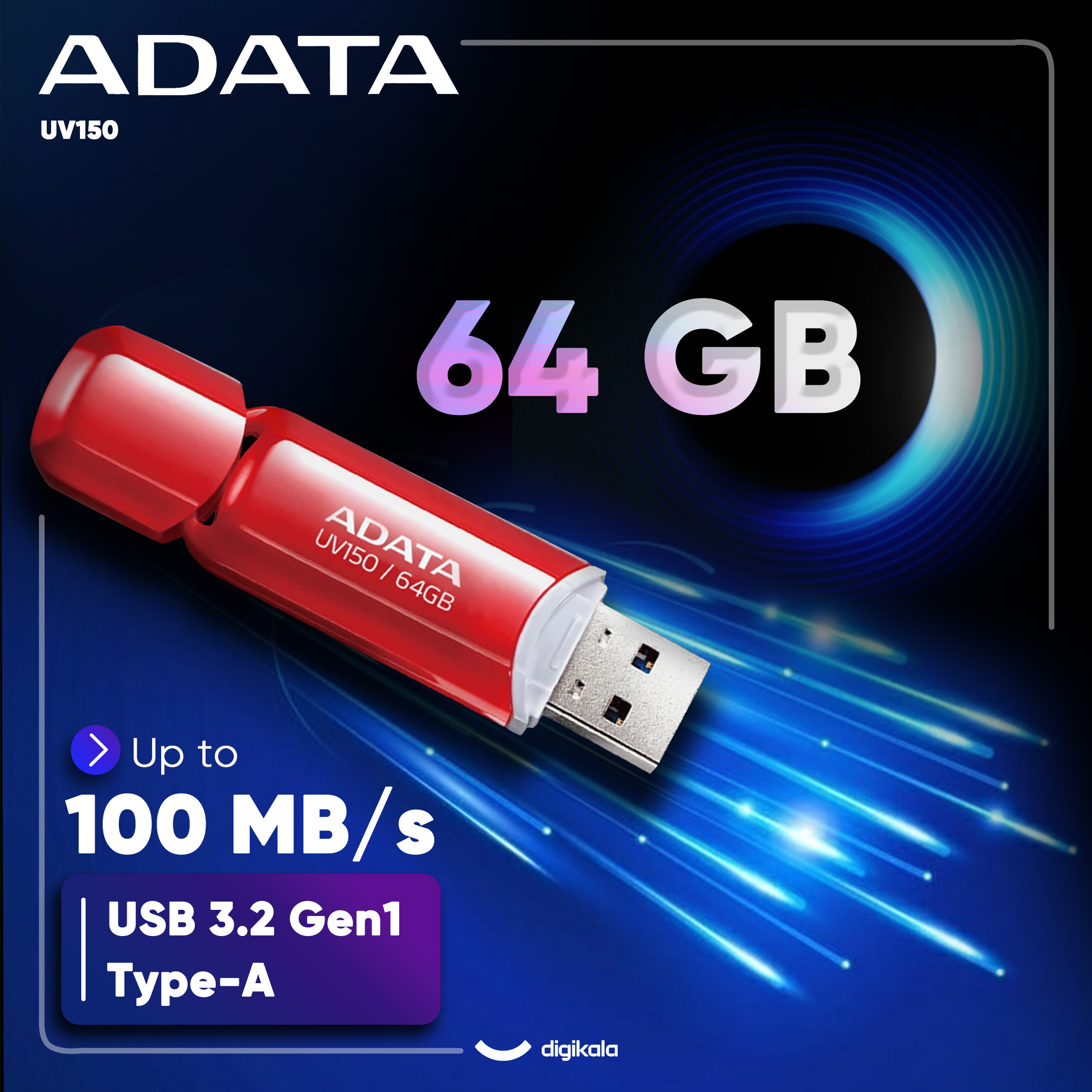 فلش مموری ای دیتا مدل UV150 ظرفیت 64 گیگابایت، رابط USB 3.2 Gen1، سرعت خواندن 90 مگابایت بر ثانیه، طراحی درپوشدار، سازگار با گوشی، تبلت، کامپیوتر و تلویزیون - Image 2