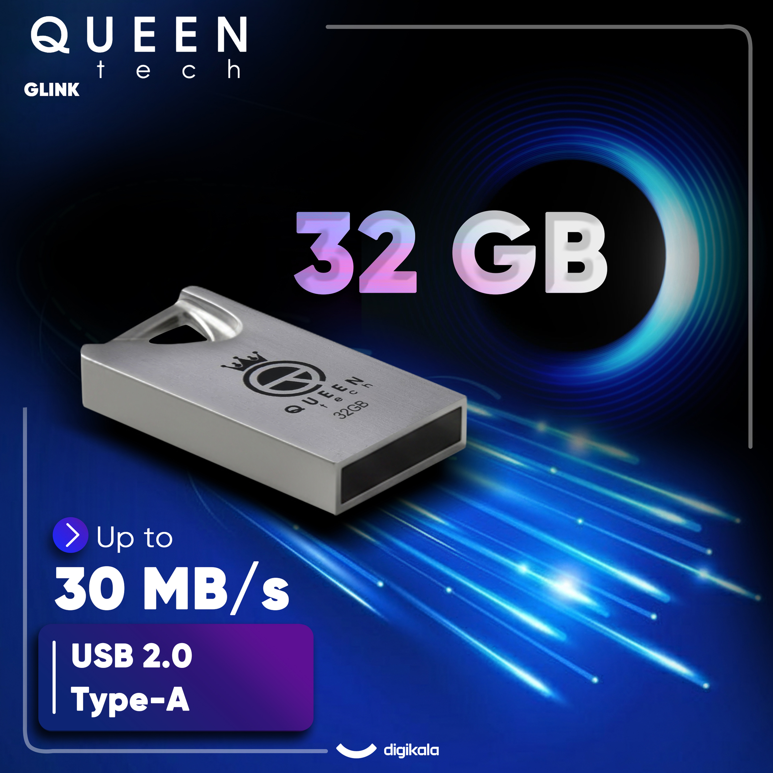 فلش مموری 32 گیگابایت کوئین تک مدل GLINK با رابط USB 2.0، طراحی بند انگشتی فلزی، سازگار با گوشی، تبلت، کامپیوتر و تلویزیون، سرعت انتقال 30 مگابایت بر ثانیه - Image 3