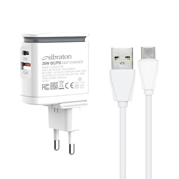 شارژر دیواری سیبراتون مدل Sibraton S-W2225C-PD 25W